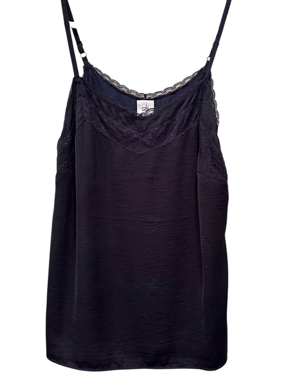 CAbi Navy Lace-Trim Satin-Feel Camisole Neutral Layer Feminine Sz M